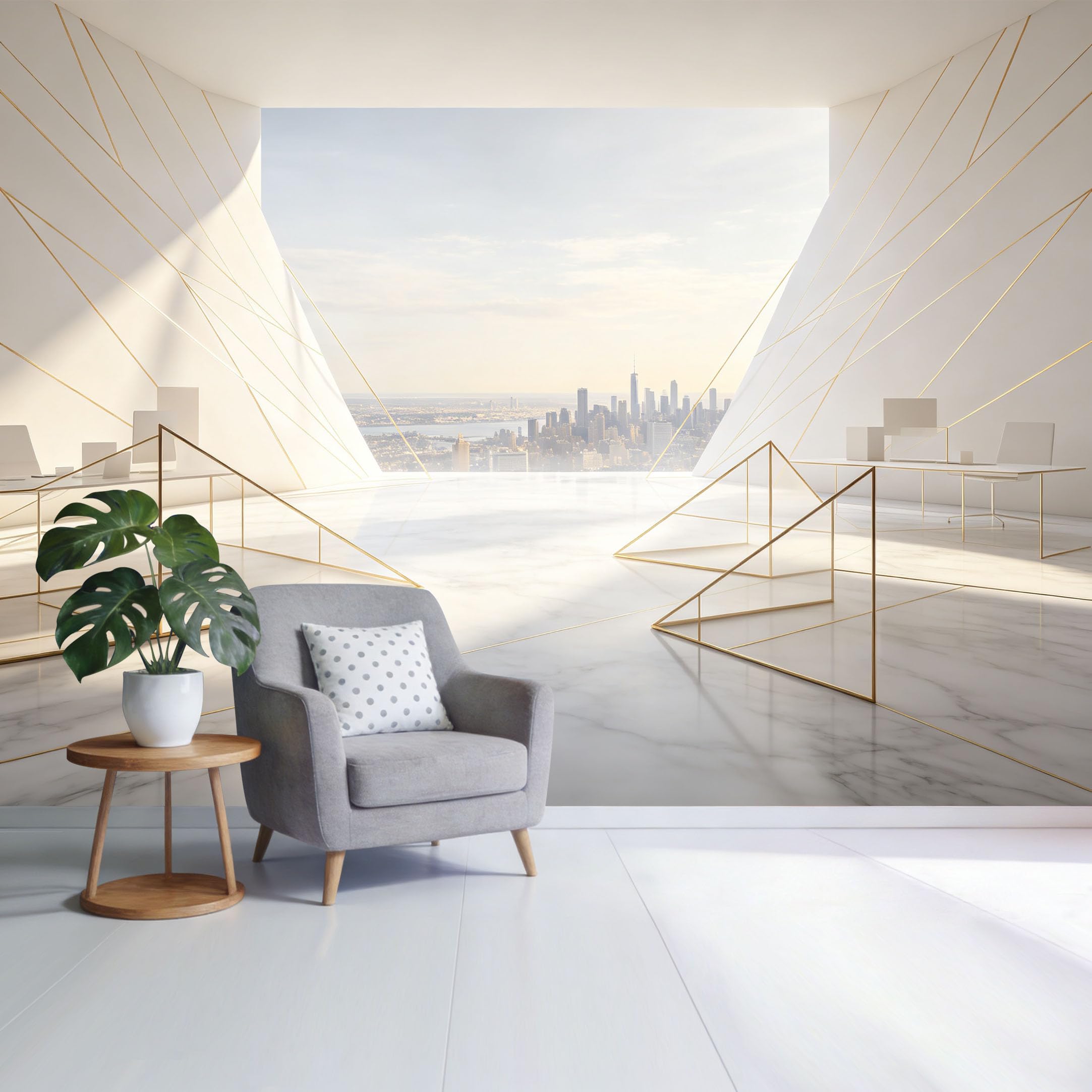 Custom Size Wall Mural Modern Geometric Skyline View Minimalist White Marble Interior SelfAdhesive Wall Fabric Removable Wallpaper for Home Office Decor