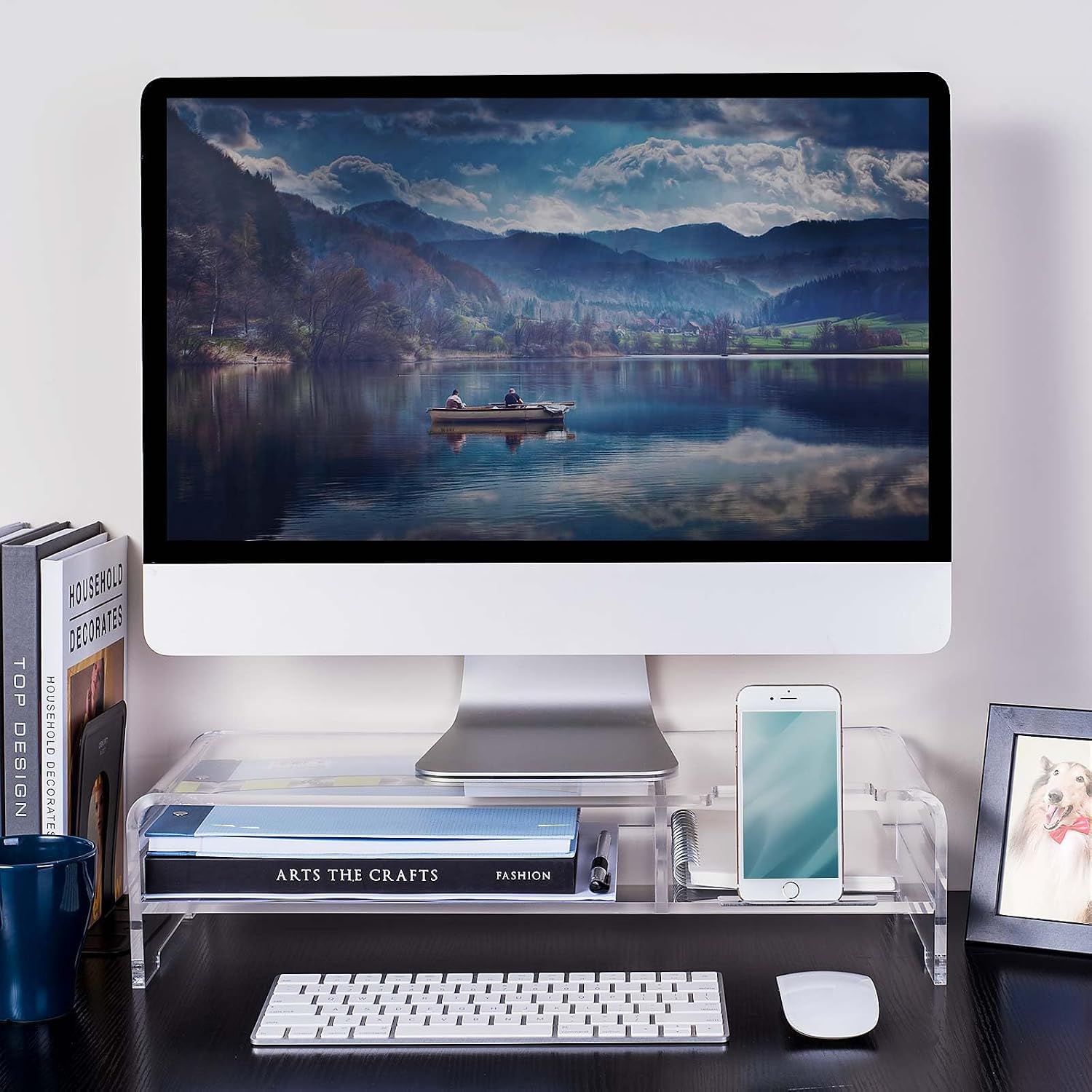 BEYGORM Supporto per monitor in acrilico, largo 50,8 cm, 2 ripiani per computer con contenitore, organizer da scrivania, per stampante, laptop, supporto per schermo e telefono (trasparente)