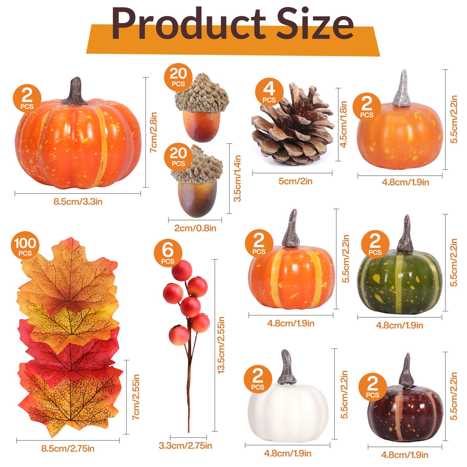 Citrouilles Artificielles, 162 Pièces Décoration de Citrouilles Automne, Mini Fausses Citrouille, Pommes de pin, Feuilles d'érable, Glands, etc, pour Halloween Thanksgiving Decoration Automne