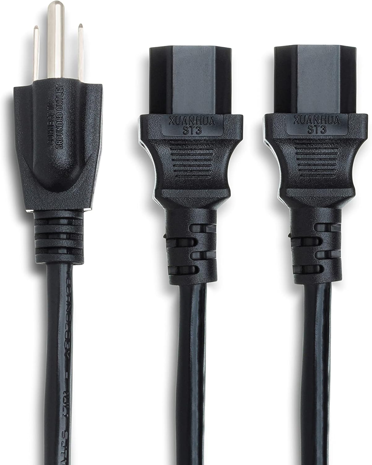 Close-up of the Hosa YIE-406 Power Y Cable connectors, showing the NEMA 5-15P plug and two IEC C13 connectors