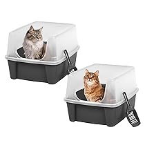 Iris Ohyama Vassoio per Lettiera per Gatti con Paletta, Set di 2, Grigio, Facile da pulire, Box per gatti, Pareti Rimovibili, Per Gattini, Gatti Adulti, Conigli, Senza BPA, Tetto Aperto, CLH-12