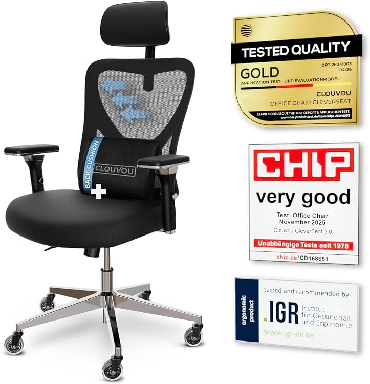 CLOUVOU CleverSeat Ergonomic Office Chair with Mesh Back, 4D Armrests and 3D Headrest