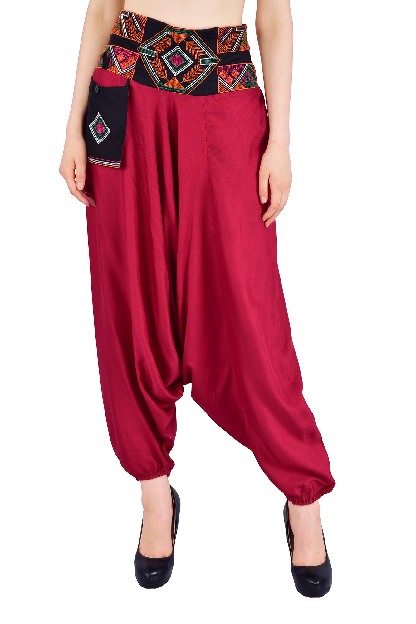 LUJOSO Women Low Rise Harem Pants | Stylish Afghani Salwar | Rayon Fabric Pants Loose Fit for Yoga & Dancing | Waist Size 22 to 42 Inches, Free Size (in, Alpha, M, Regular, Maroon) 4