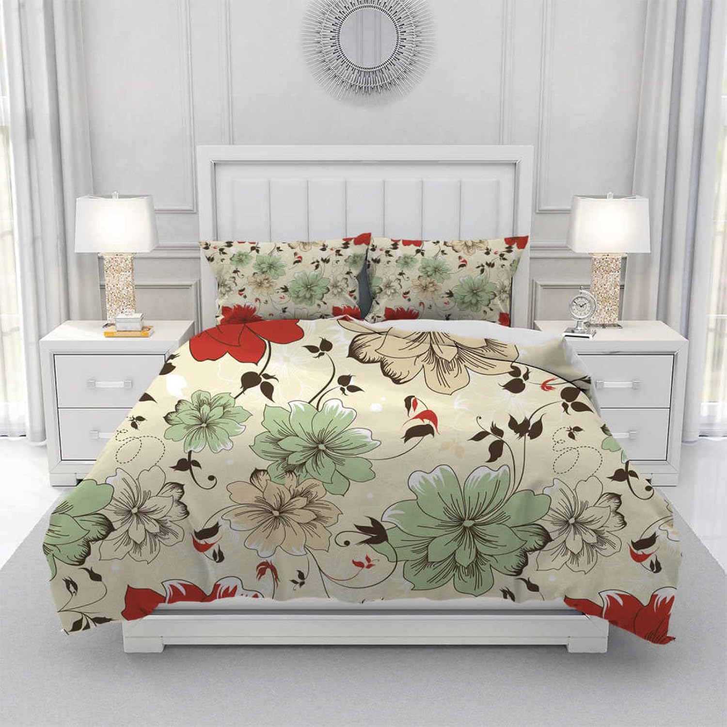 Funda nordica 135 Modernas Flores Vintage Beige Fundas nordicas Cama Modernas Hipoalergénica Ropa de Cama Conjunto Microfibra con 2 Fundas de Almohada 50x75cm Suave Transpirable