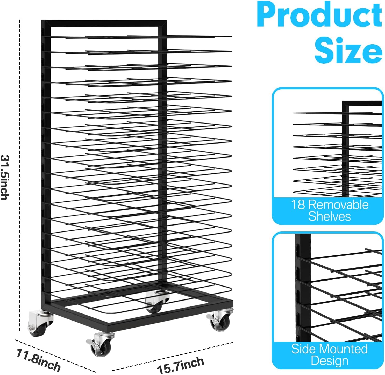 Art Drying Rack for Painting 18 Removable Shelves(A3) Metal,Mobile Lockable Wheels Art Drying Rack for Classroom/Preschool,Watercolor Painting/Paper/Artwork/Studios/Schools(Black)