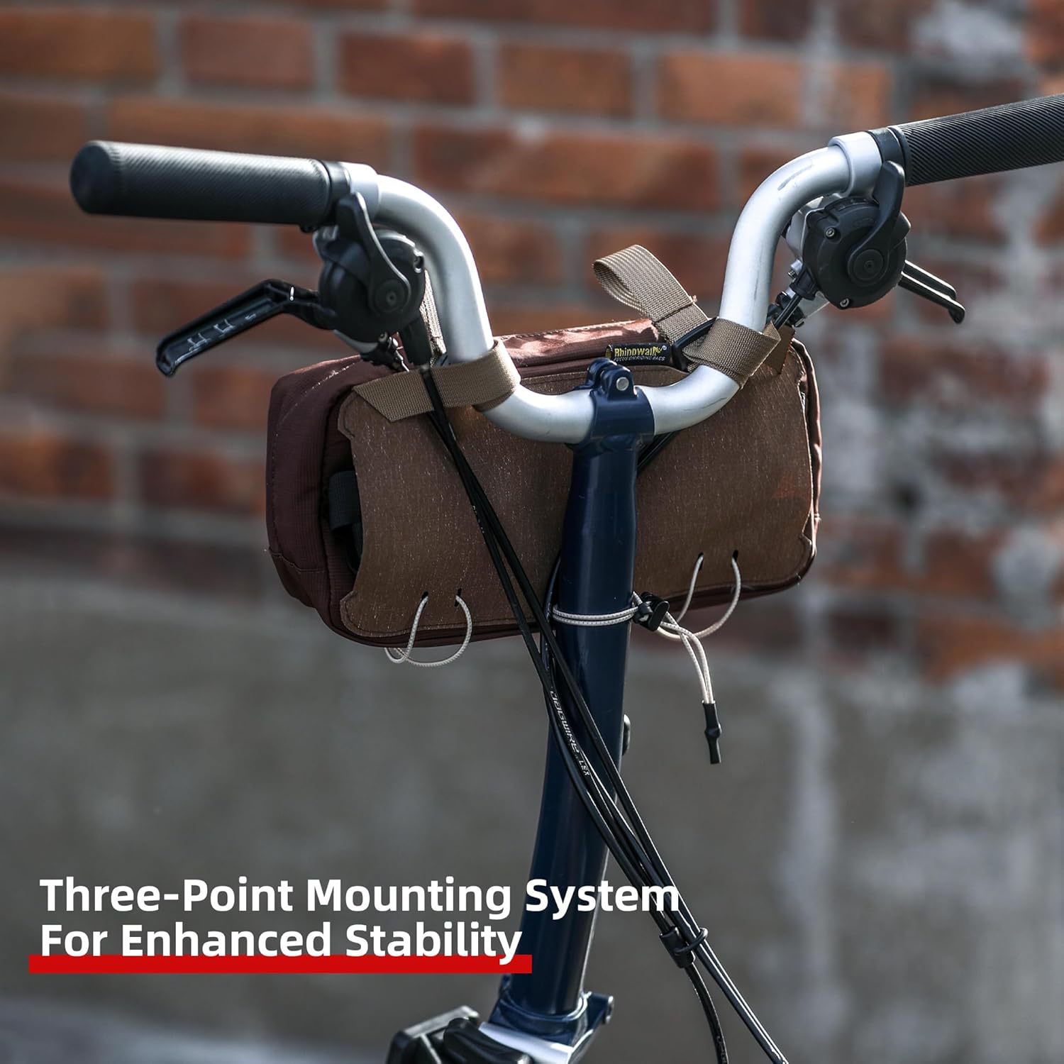 Rhinowalk Handlebar Bag for Brompton Folding Bike & Road Bikes, 1.9L Compact Pouch with Shoulder Strap, 3-Point Mounting, Front Zipper Pocket, Internal Storage for Cycling & Commuting (Dark Brown)