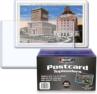 BCW Postcard Topload Holders for 5 7/8 x 3 3/4 Postcards, Clear, 25 Count | Rigid clear holders fit 5 7/8 x 3 3/4 postcards with long-side openings for protected storage, handling, and display.