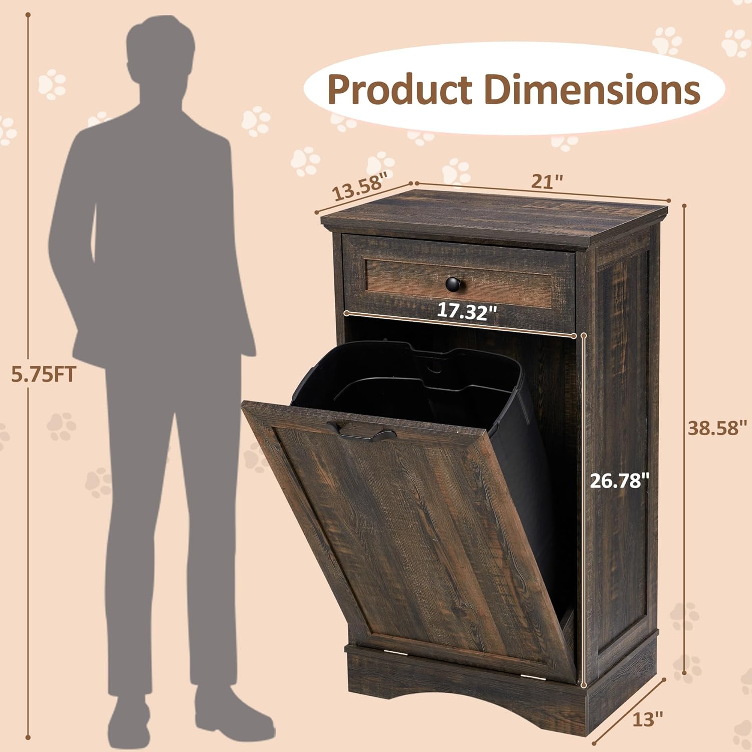 Spurgehom Trash Cabinet,Tilt Out 13 Gallon Trash Can Cabinets,Wooden FreeStanding Waste Bins Kitchen Cabinet with Hideaway Drawer and Pet Proof Trash Can Storage(Rustic Brown)