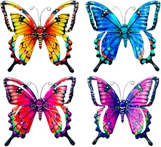 Metal Butterflies Outdoor Decor 4 Pieces Rustic Colorful Decoration | Butterfly Metal Wall Art Sign for Home Fence Garden Patio Park Lawn Courtyard Balcony Hut