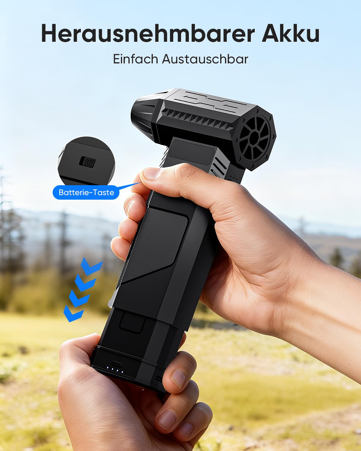 Luftduster Elektrische Staubgebläse mit 2 Modularen Wechselakkus, 220g+ Luftstrom, Druckluftspray mit 2 Magnetischen Düsen, 8000mAh Akku, 3-Gang, LED - Mini Gebläse für PC, Tastatur, Auto & Elektronik