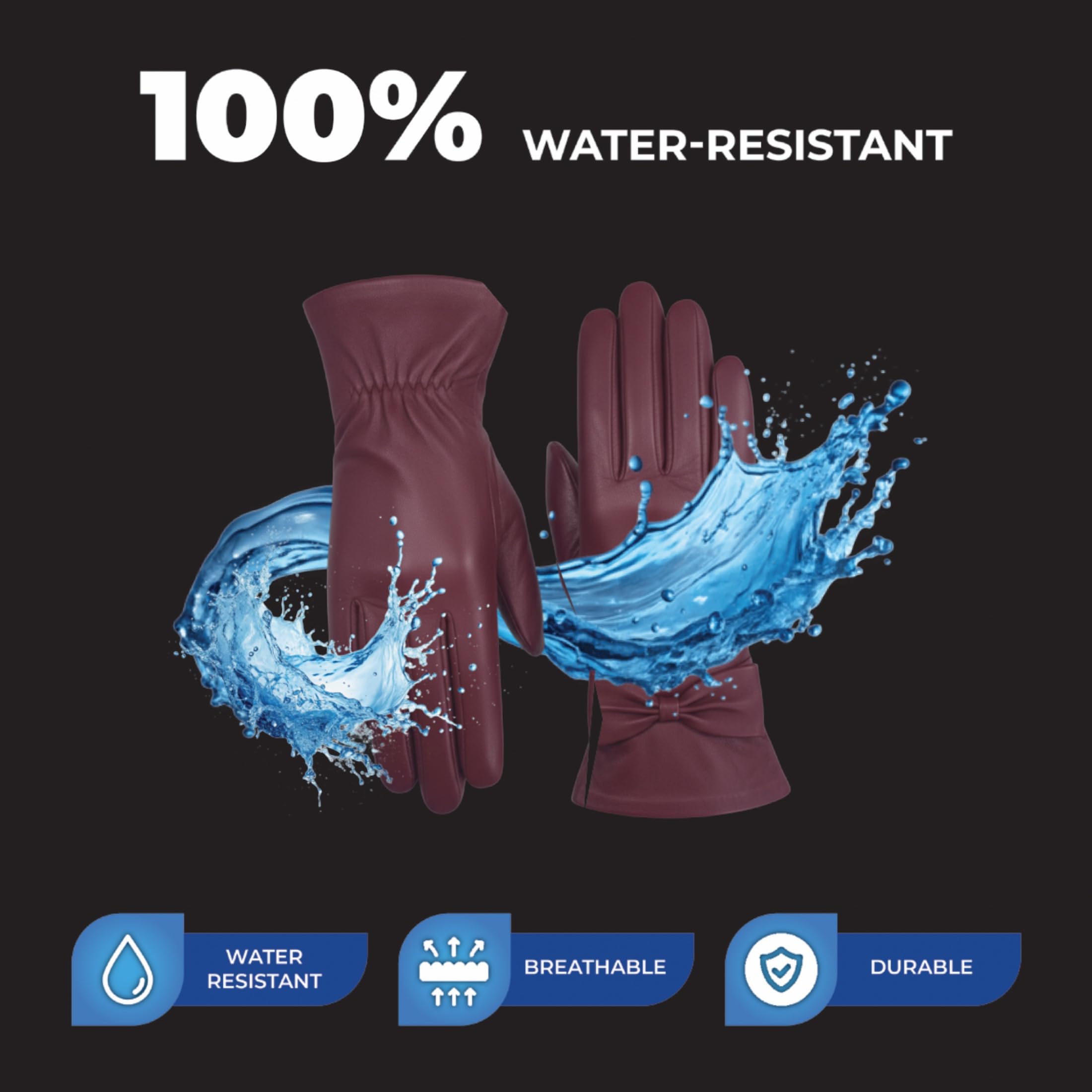 Infinity Leather Guantes de Invierno de Piel Italiana Para Mujer Forrados de Lana, Compatibles con Pantallas Táctiles, Resistentes al Agua y Con Diseño de Lazo.