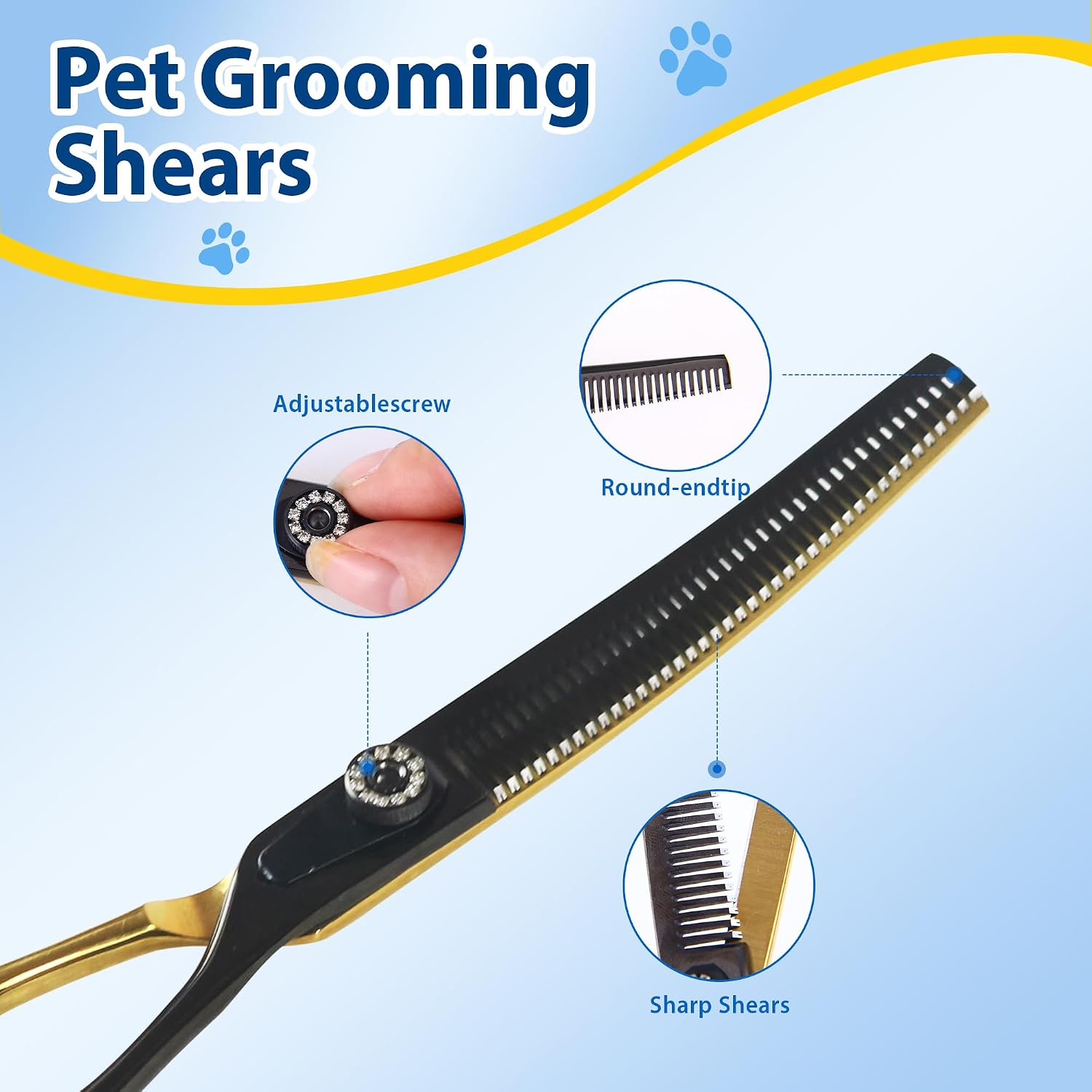 7" Curved Dog Grooming Scissors, 40 Teeth V-Shape, 30% Thinning shear | Black & Gold Pet Shear, Detail processing for refining styling, Pet Shear with Ergonomic Offset Handle, 6Cr13 Stainless Steel