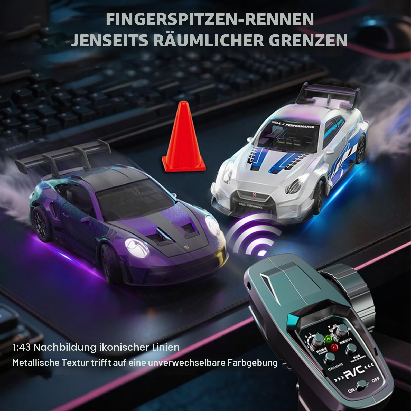 ARRIS RC-Drift-Car im Maßstab 1:43, Mini-911-RC-Modellauto, 2,4 GHz, 4WD, RC-Fahrzeug aus Aluminium mit Gyroskop für LED-Beleuchtung, Hobby-Spielzeug für Erwachsene (blau)
