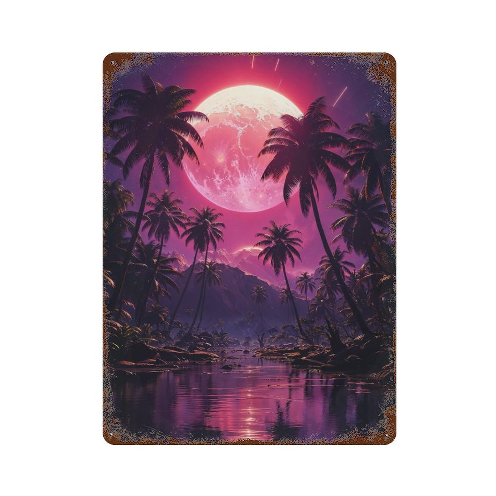 Tropical Moonrise Palms Rusty Metal Tin Sign 15.7"x11.8", for Shed, Workshop And Garage Wall Decor, Shabby Chic Decor