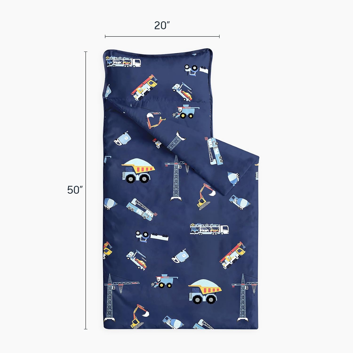 Wake In Cloud - Toddler Nap Mat with Pillow and Blanket, 100% Cotton Fabric, for Kids Boys Ages 3 Plus in Daycare Kindergarten Preschool, Cars Cranes Trucks, Dark Blue, Standard