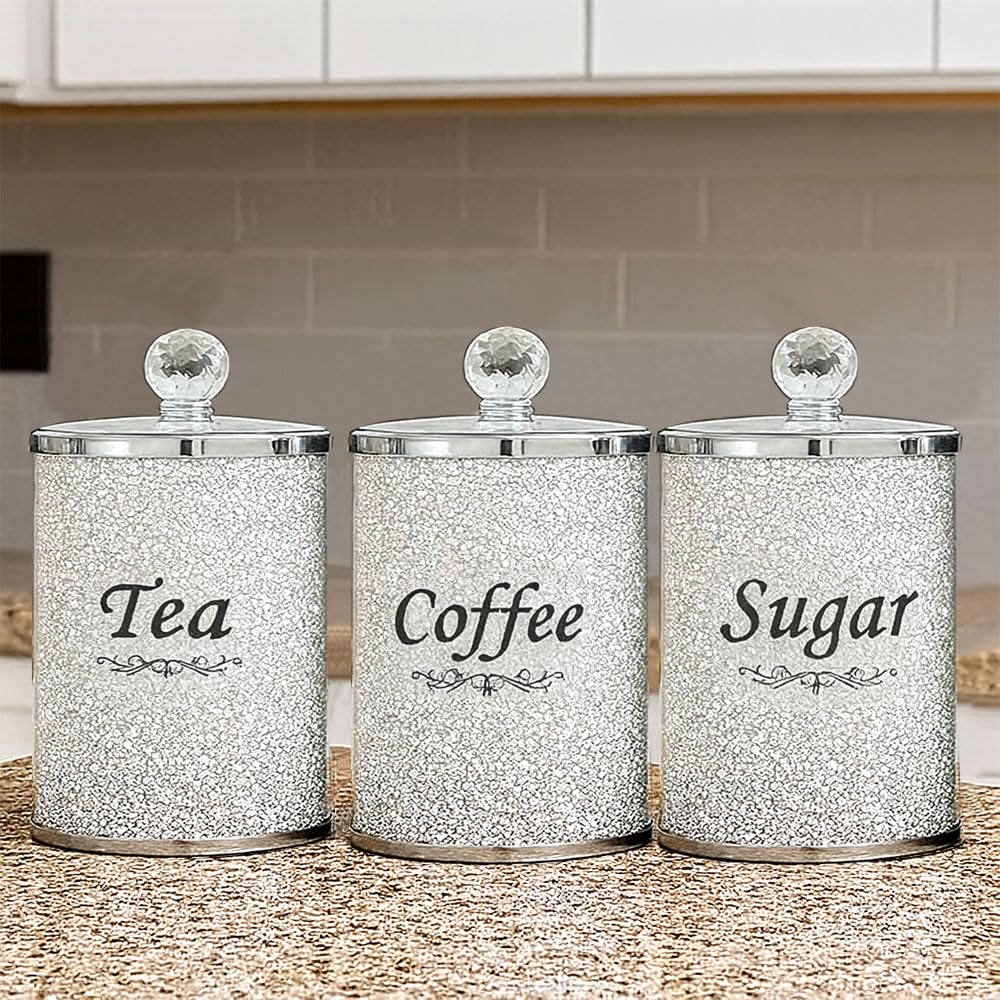 BMLIMITED BML Sparkle Crushed Diamond Tea Sugar Coffee Canister Jar Elegance in Every Sip Crystal Filled Kitchen Storage Organiser | For all occasion & Home Decoration (White TOV)
