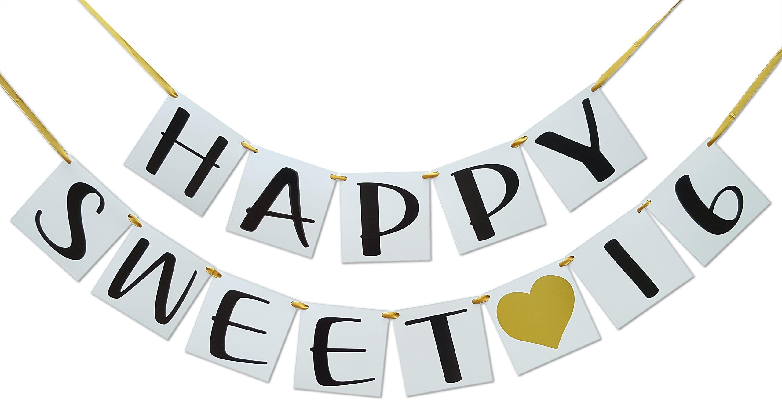 Sweet 16 Birthday Banner - Gold Hearts and Ribbon - Sweet Sixteen Decoration
