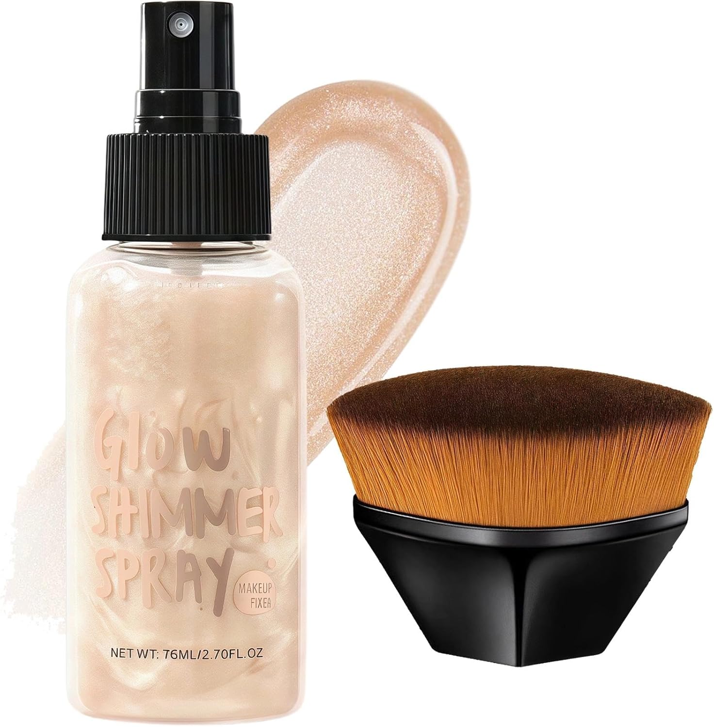 Body Shimmer Oil with Makeup Brush – Hydrating Lightweight Skin Body Glow for Women – Waterproof & Non-Sticky Liquid Highlighter Liquid & Hydrating Glow Oil Included – Bring a Brush (Champagne Gold)