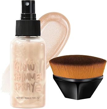 Body Shimmer Oil with Makeup Brush - Hydrating Lightweight Skin Body Glow for Women - Waterproof & Non-Sticky Liquid Highlighter Liquid & Hydrating Glow Oil Included - Bring a Brush Champagne Gold