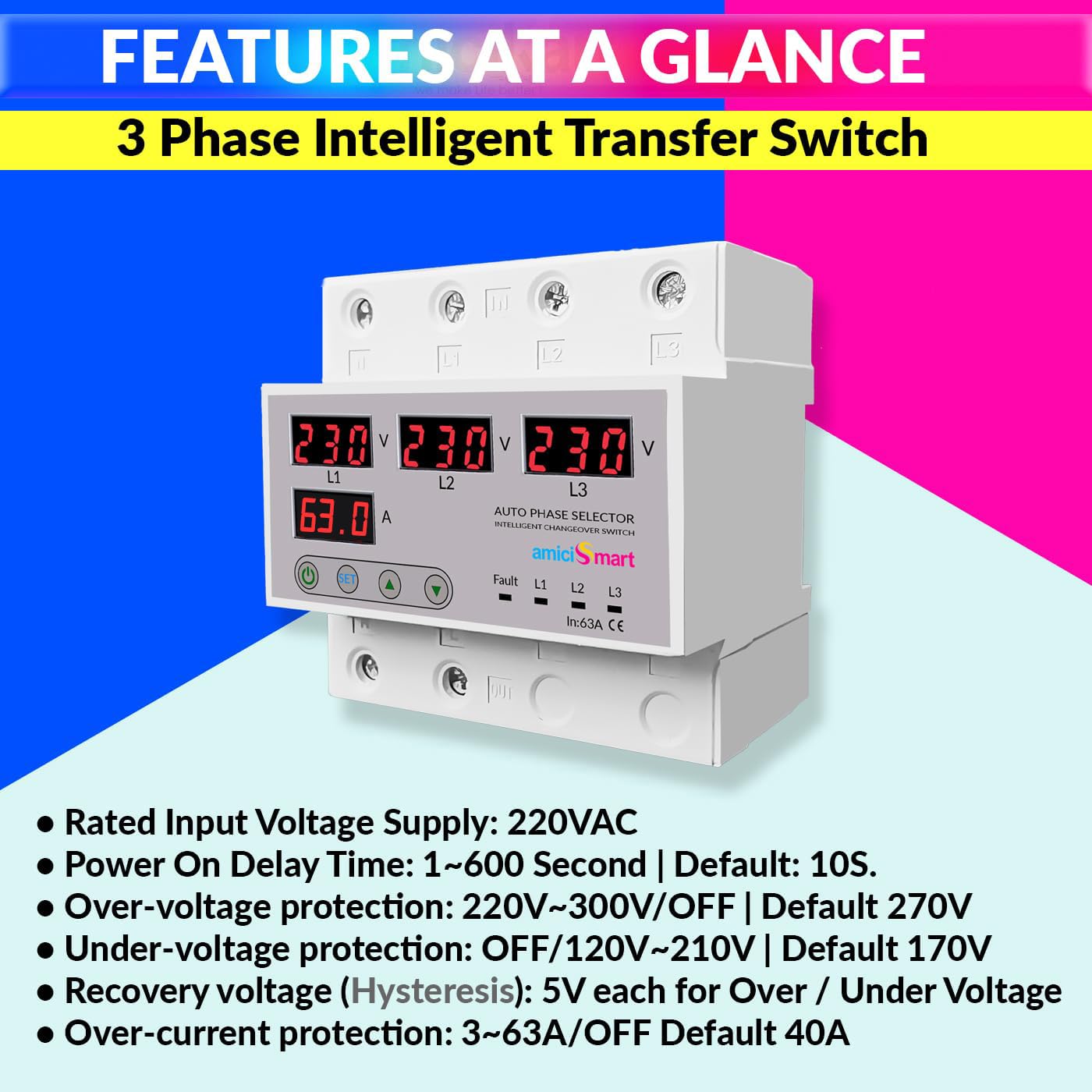 amiciSmart Intelligent 3 Phase to 1 Phase Selector/Changeover Switch, 230VAC Control Transfer Switch, Multicolor - Image 2 thumbnail