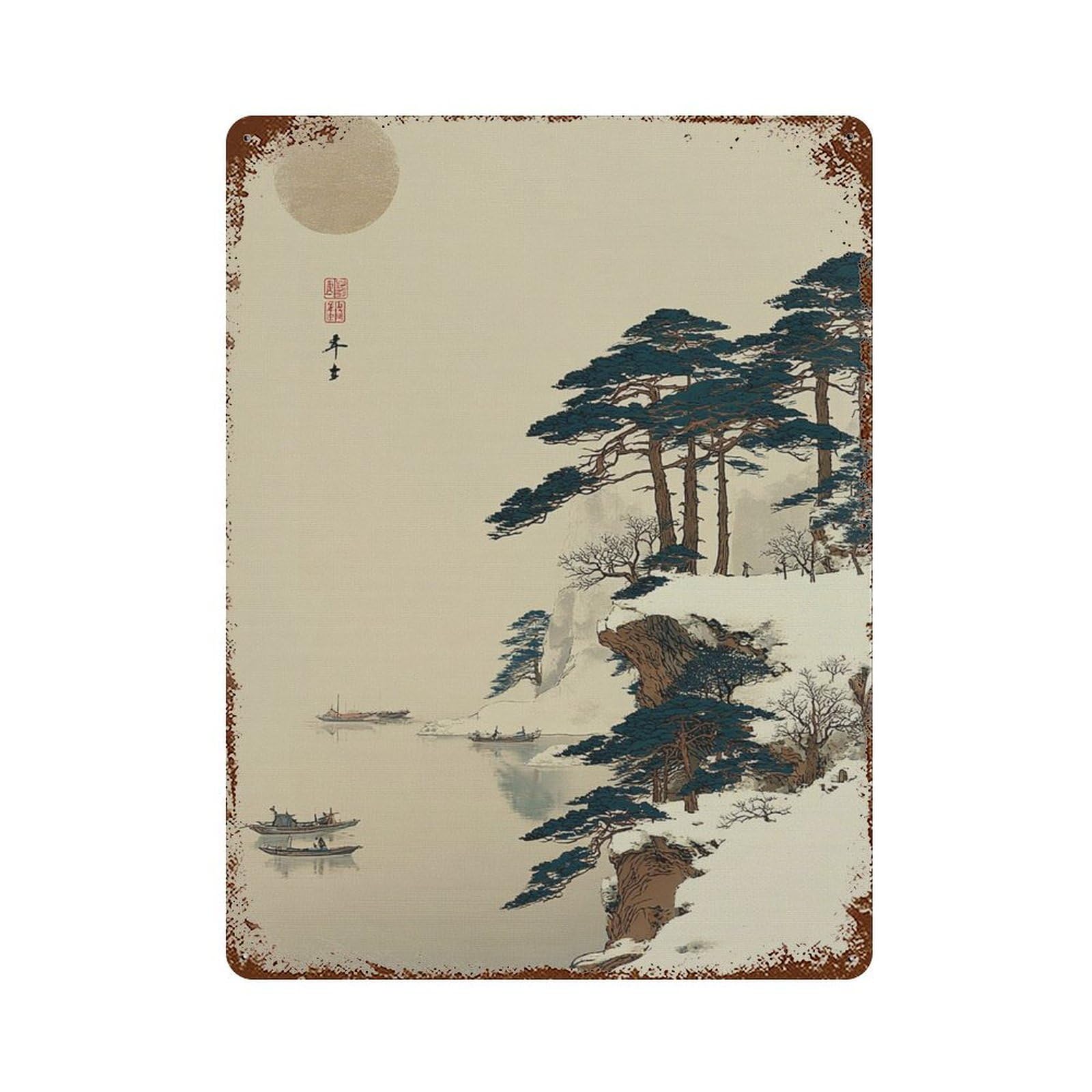 xiaoxiaoshen Japanese Pine Tree Landscape Misty Coastal Nature Minimal Zen Interior Living Ro Wall Decor Art Metal Tin Poster Modern Home Decor Art Home Bar Shop Decorations Vintage Sign 40x30cm