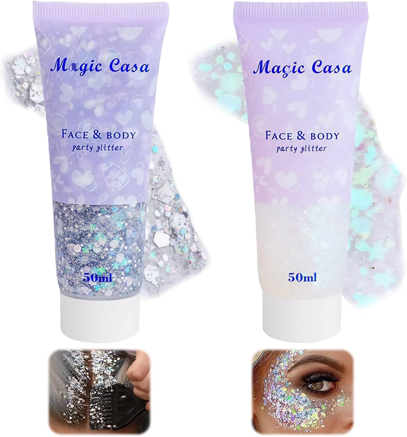 2Pcs Body Face Glitter Gel, Aerbee Sparkling Body Glitter Gel Makeup for Face Nail Eye Lip Hair, Beautiful Shining Cosmetic Eyeshadow Glitter for Festival Party Art DIY(Silver and White)