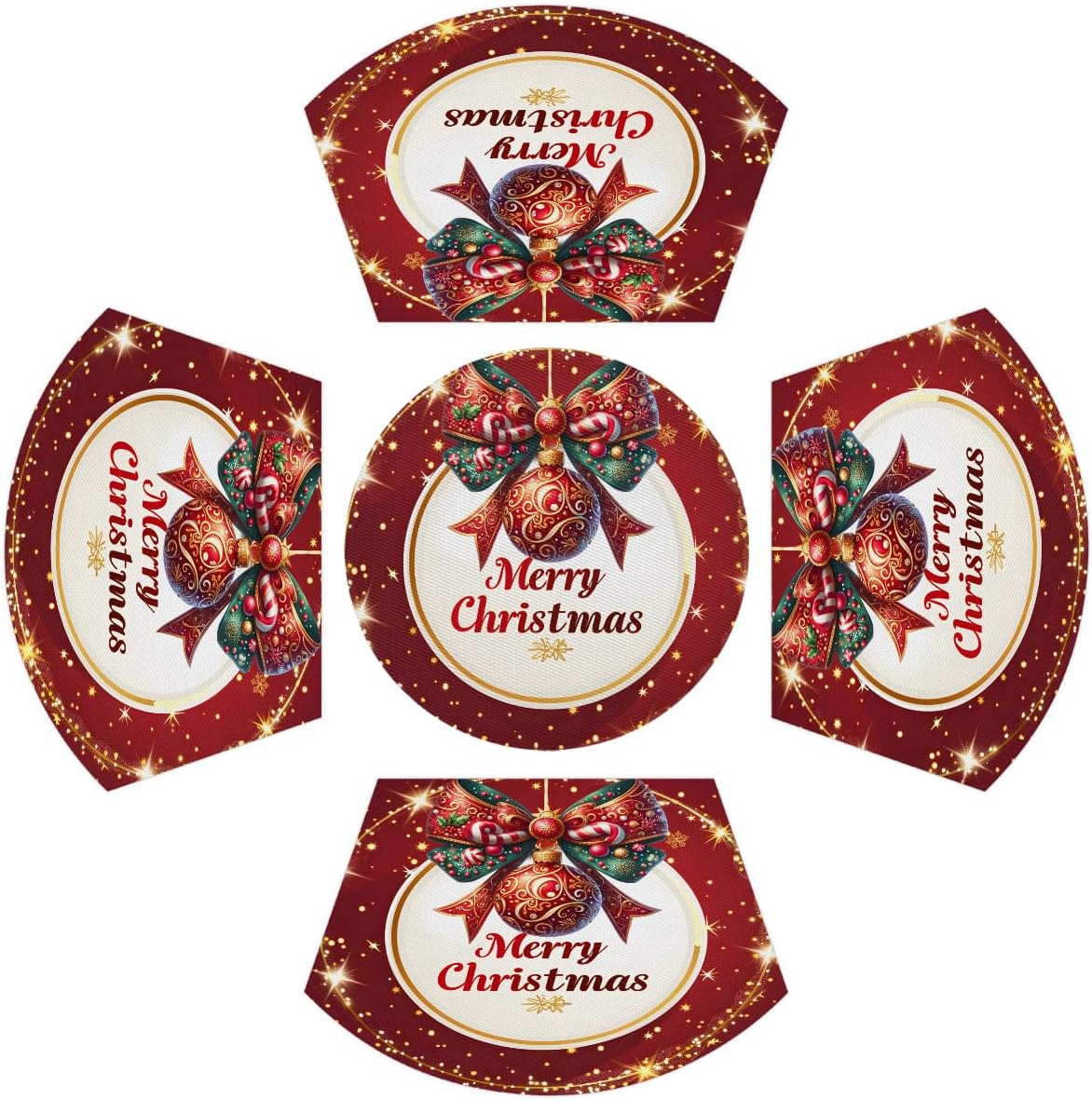 Wedge Placemats Set of 5 Christmas Balls Xmas Bows 4 Wedge Table mats and 1 Round Place mat Washable Wipeable Heat Resistant Non Slip Dining Table Mat for Kitchen Outdoor Party Farmhouse Decor