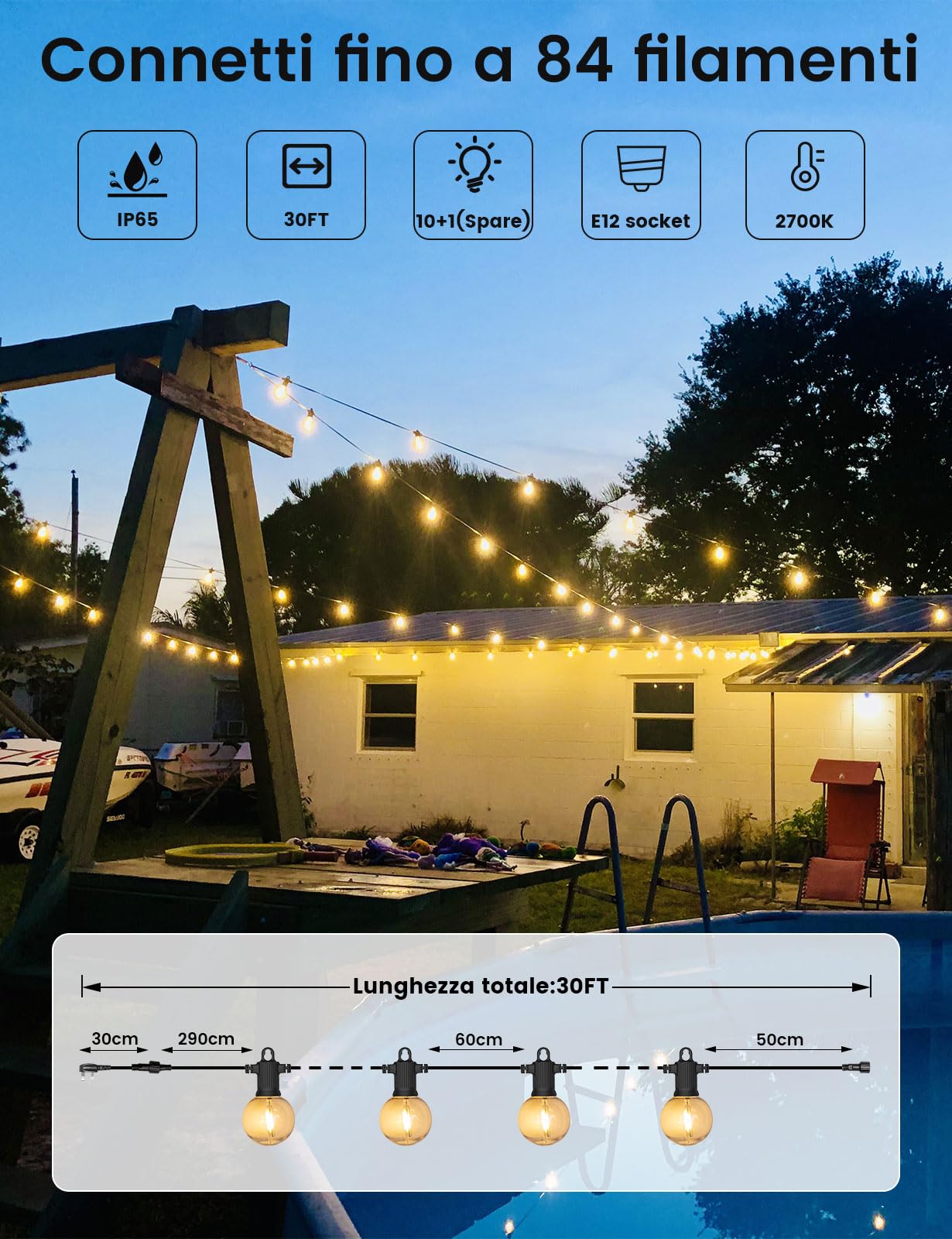 ZOTOYI 30FT/9M Lucine da Esterno Giardino LED - IP65 Impermeabile G40 Luci da Esterno Catena con 10 Lampadine in Plastica Bianca Calda Materiale del filo di rame puro per Giardini Negozi Bar Esterno