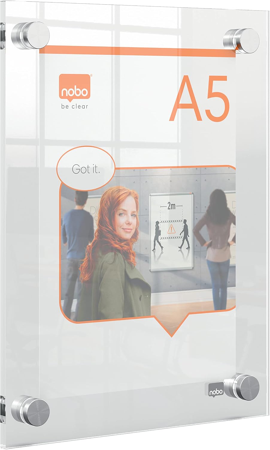 Nobo A4 Acrylic Wall Mounted Poster Frame, Frameless, Through Corner Fixing, Portrait/Landscape, Premium Plus, Clear, 1915591