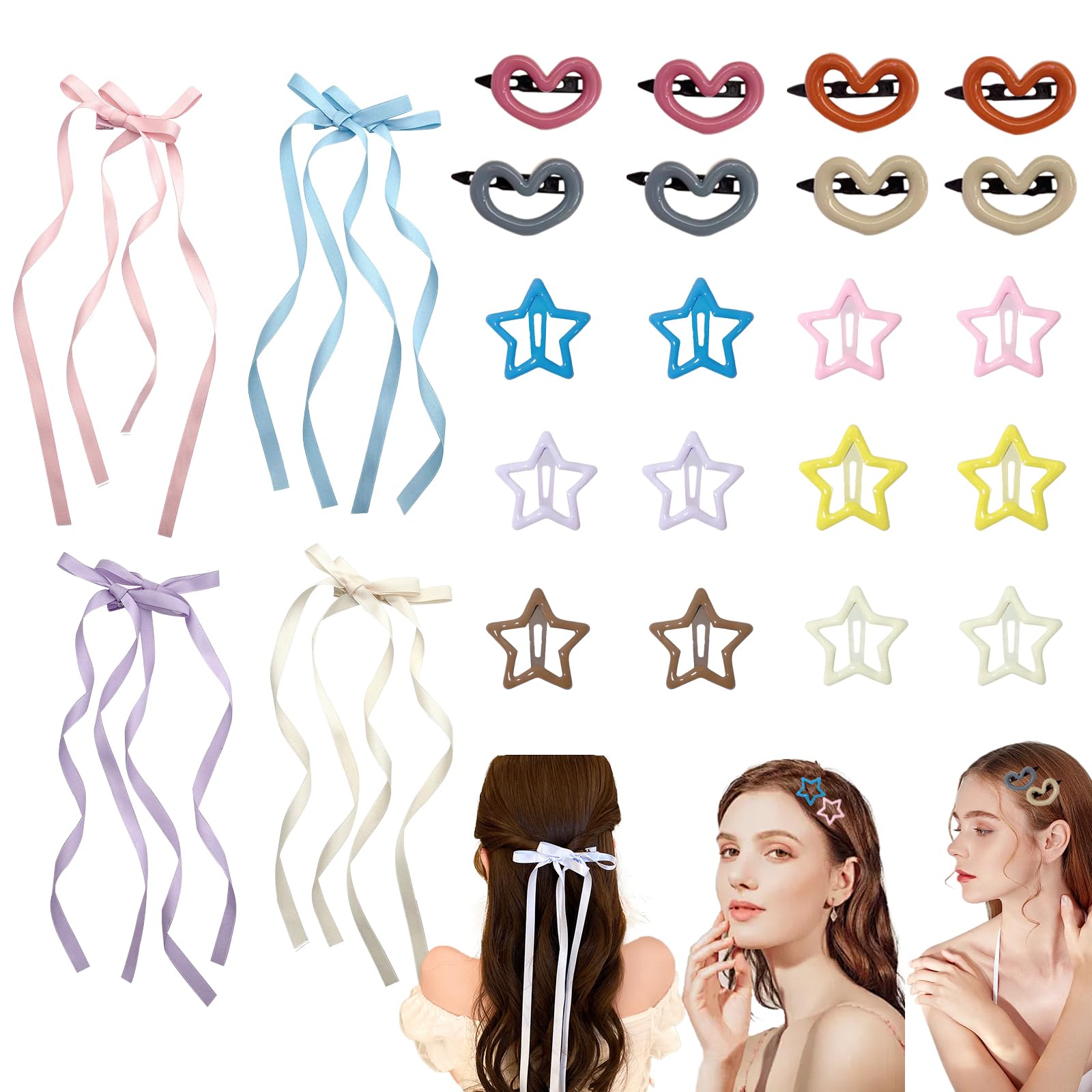 KASESSS 24 Pcs Hair Clips Women and Girls, Heart and Star Hair Clips Set