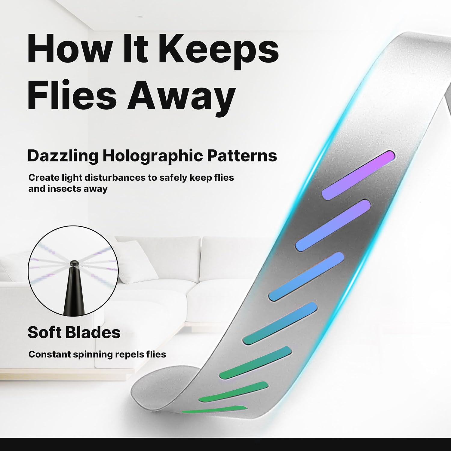 Shop-Vac Fly Fans for Tables Rechargeable 4 Pack, Holographic Soft Blade Fly Deterrent Food Fan, Portable Fly Repellent with Hanging Hook, USB Battery Powered for Outdoor Camping, Picnic, BBQ, Party