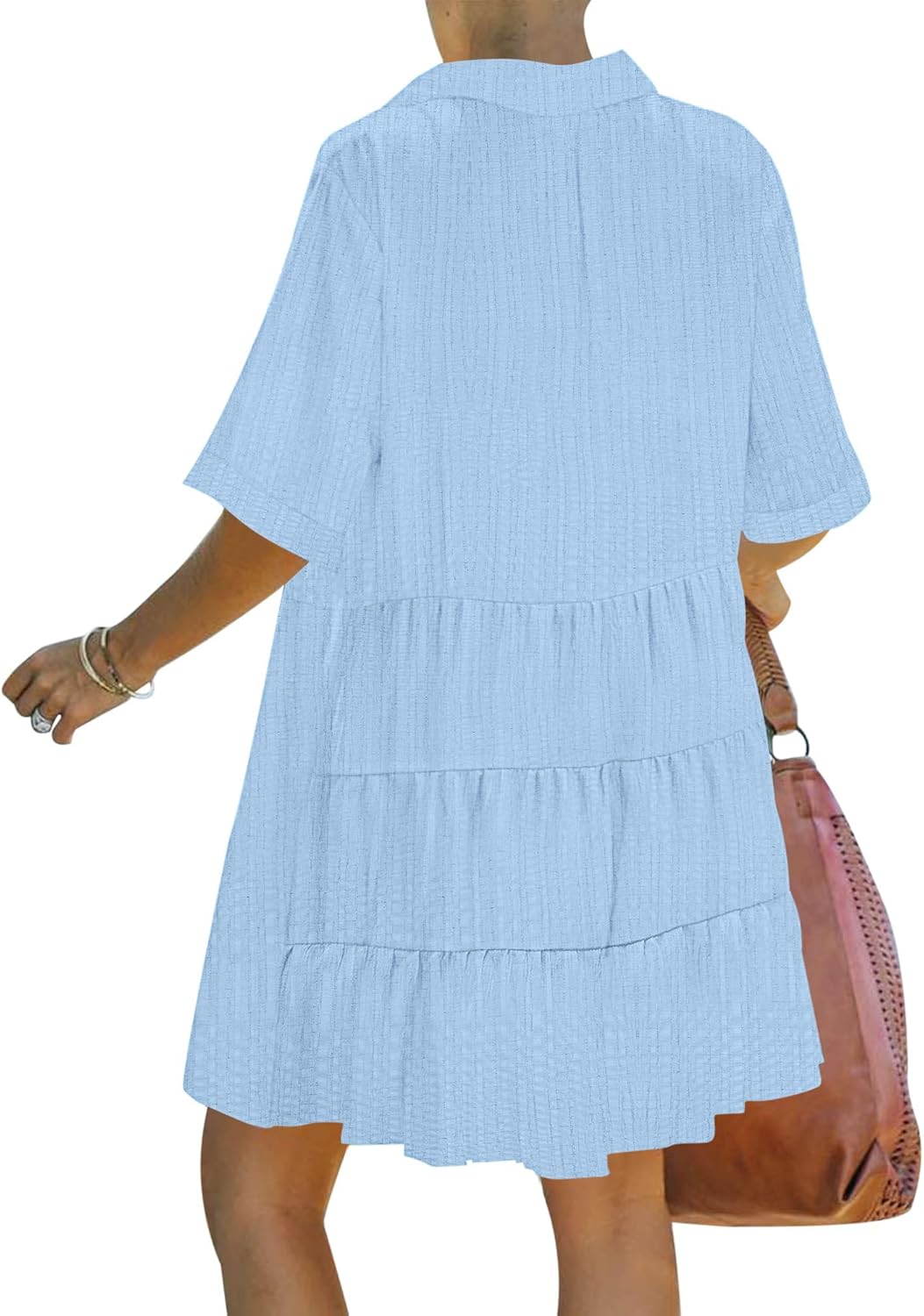 PYGFEMR Women's Summer Dress 2026 Short Sleeve Babydoll Tiered Button Down T Shirts Dresses with Pockets - Image 2