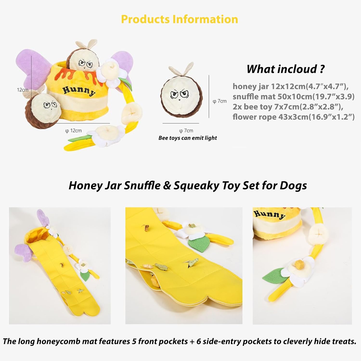 Honey Jar Snuffle & Squeaky Toy Set for Dogs – Interactive Foraging Puzzle with Treat Mat, Squeaky Bee & Chew Rope, Multi-Sensory Mental Enrichment Game for Small Medium Pets
