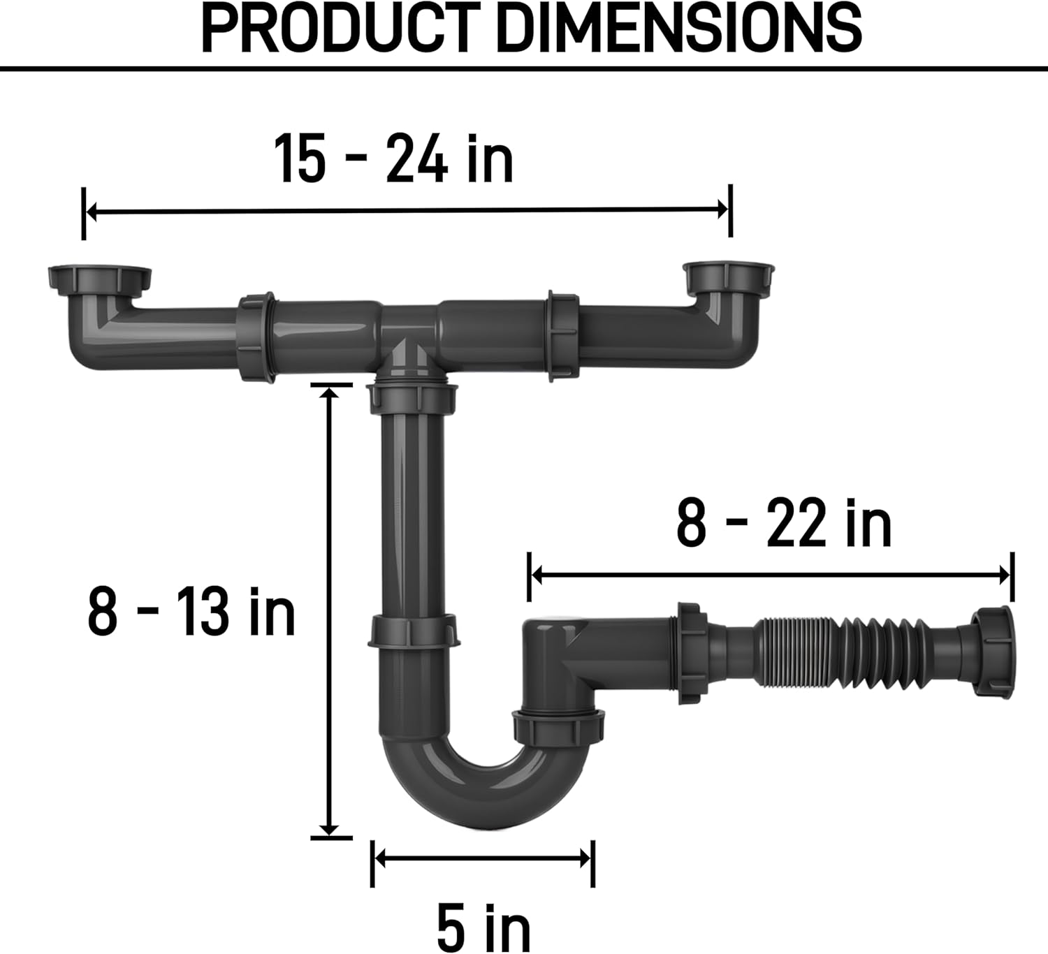 Complete Double Bowl Kitchen Sink Drain Kit - 1-1/2" Universal Flexible P-Trap Pipe System with 2-Pack 3-1/2" 304 Stainless Steel Strainer Assembly & Deep Waste Basket
