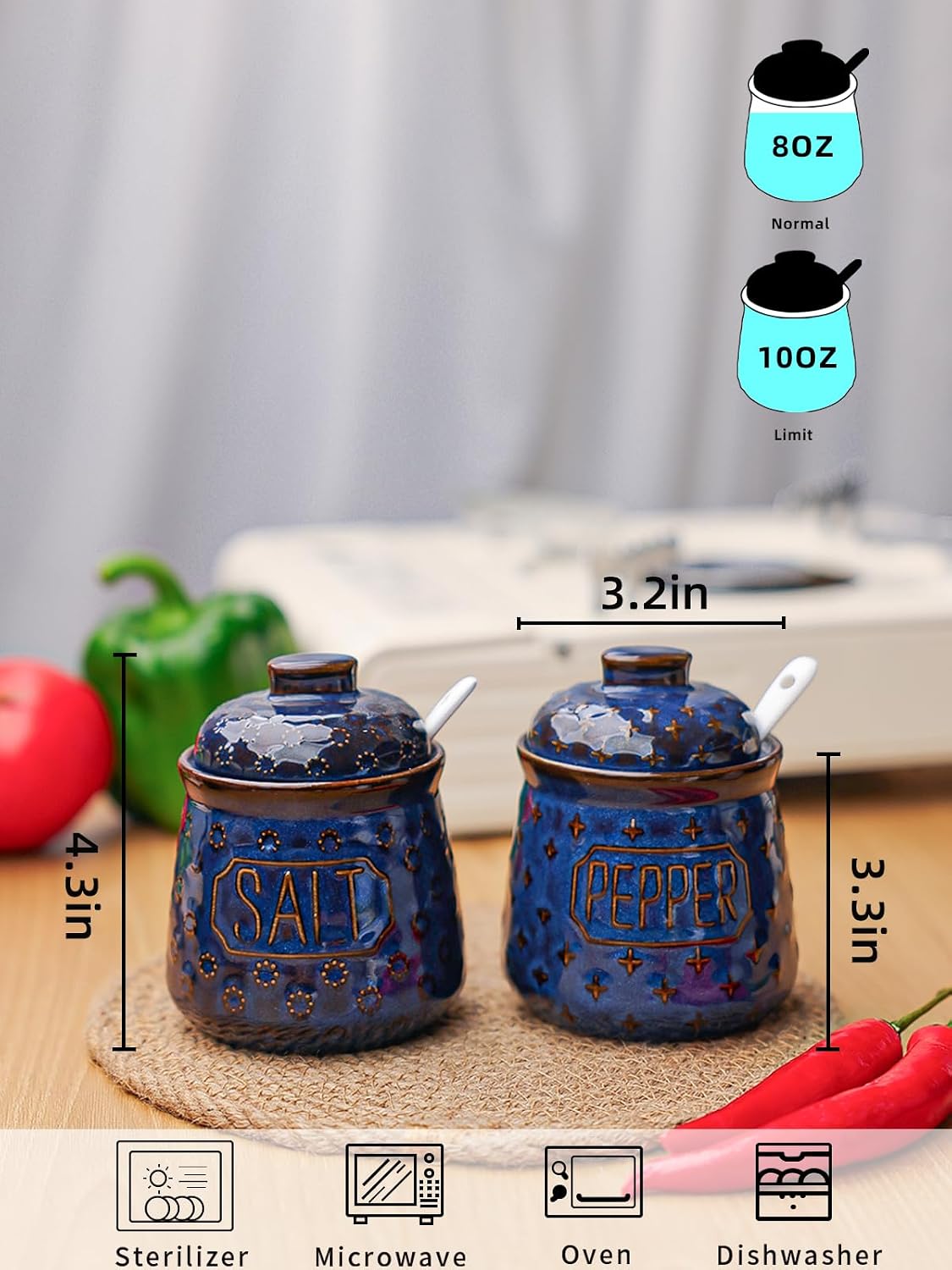 GDCZ 10 Oz Ceramic Salt and Pepper Bowls Set with Lid and Spoons (Blue) image 2