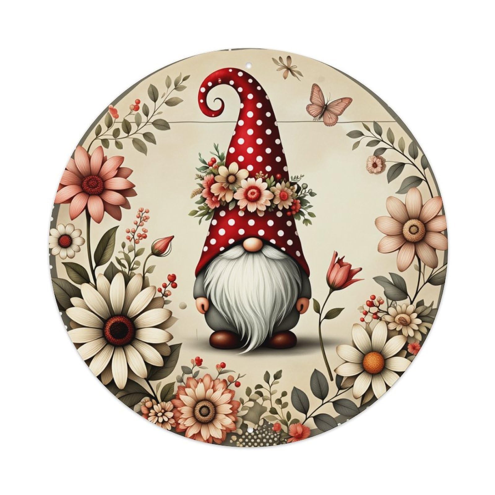 Floral Gnome Hat Butterflies Leaves Round Tin Sign Retro Metal Sign for Cafe Bar Pub Home Game Room Gym Club Wall Decoration Vintage Metal Poster 8x8 Inch