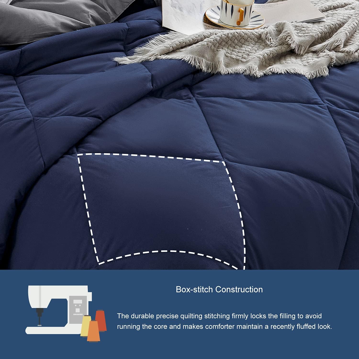 HOdo Oversized Cal King Comforter Set Navy Blue/Light Grey Lightweight Down Alternative Duvet Insert - California King Include 1 Comforter (112x96 Inches), 2 Pillow Shams(20x36 Inches)