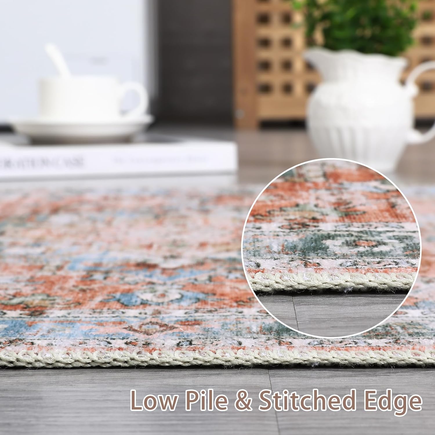 GarveeHome Machine Washable Rug 5x7 Vintage Distressed Area Rug for Living Room, Traditional Medallion Accent Rug Non-Slip Stain Resistant Floor Cover Carpet for Bedroom Decor, Brick Red