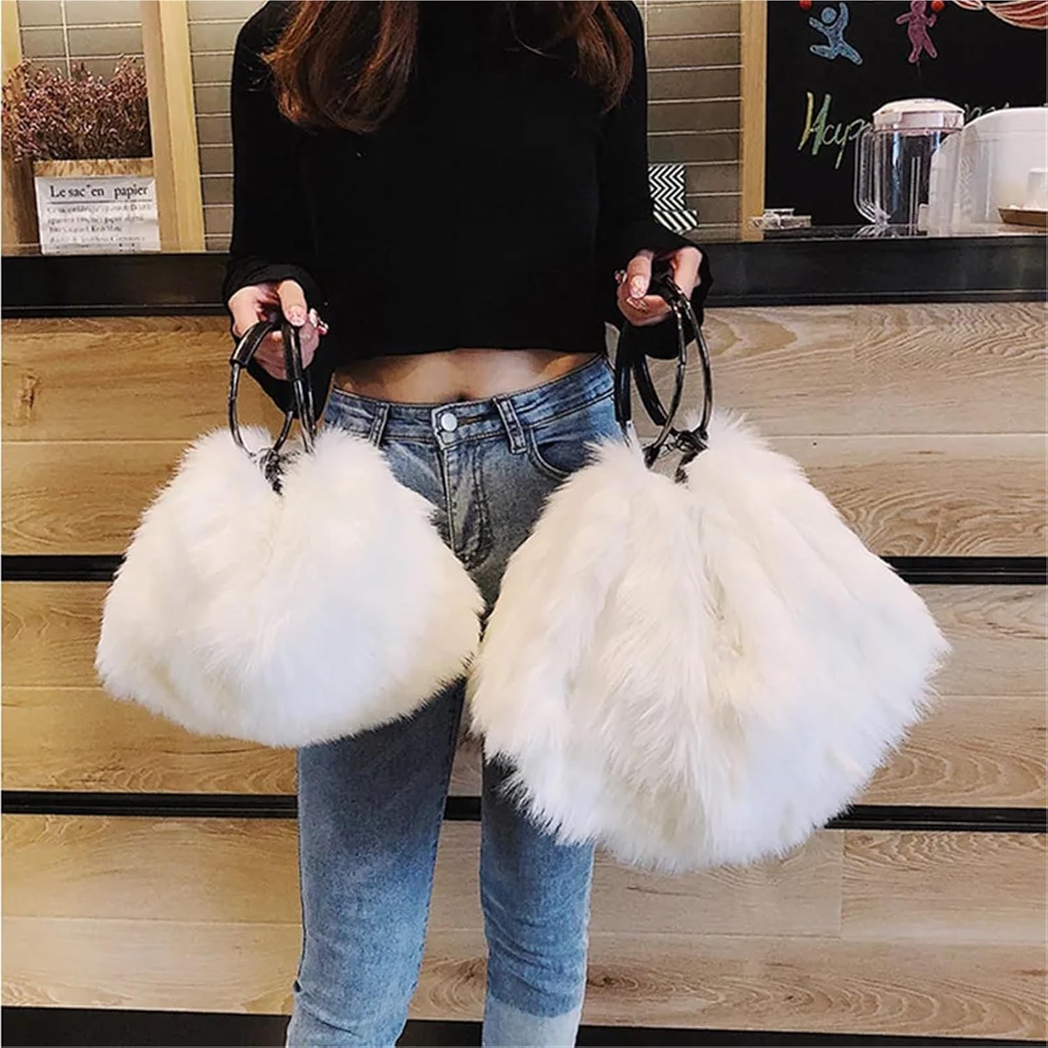 Fluffy Bag Crossbody Bag Autumn Winter Warm Handbags for Women Female Shoulder Bags Big Large Capacity(White,L(50x18x26))