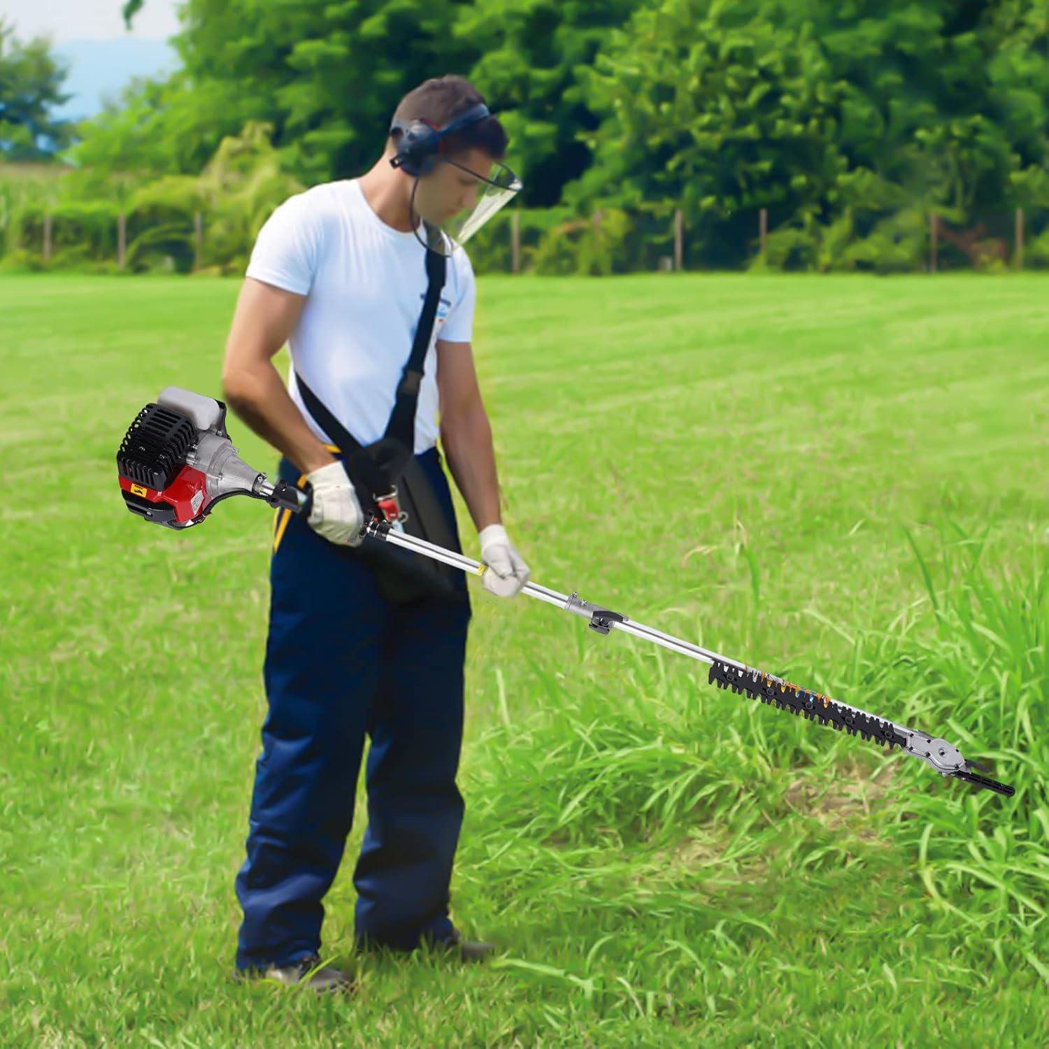 User operating the brush cutter with a hedge trimmer attachment