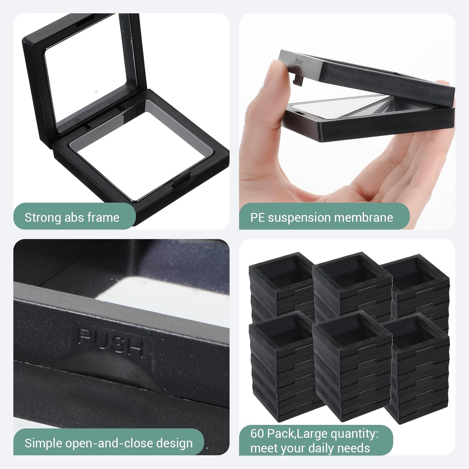 60 Pcs Coin Display Case Black 3D Floating Frame Display Holder Stands for Antique Challenge Coins, Jewelry, Shells, Gems, Minerals, Rocks, Specimen, Pins (2.8 x 2.8 x 0.8 Inch)