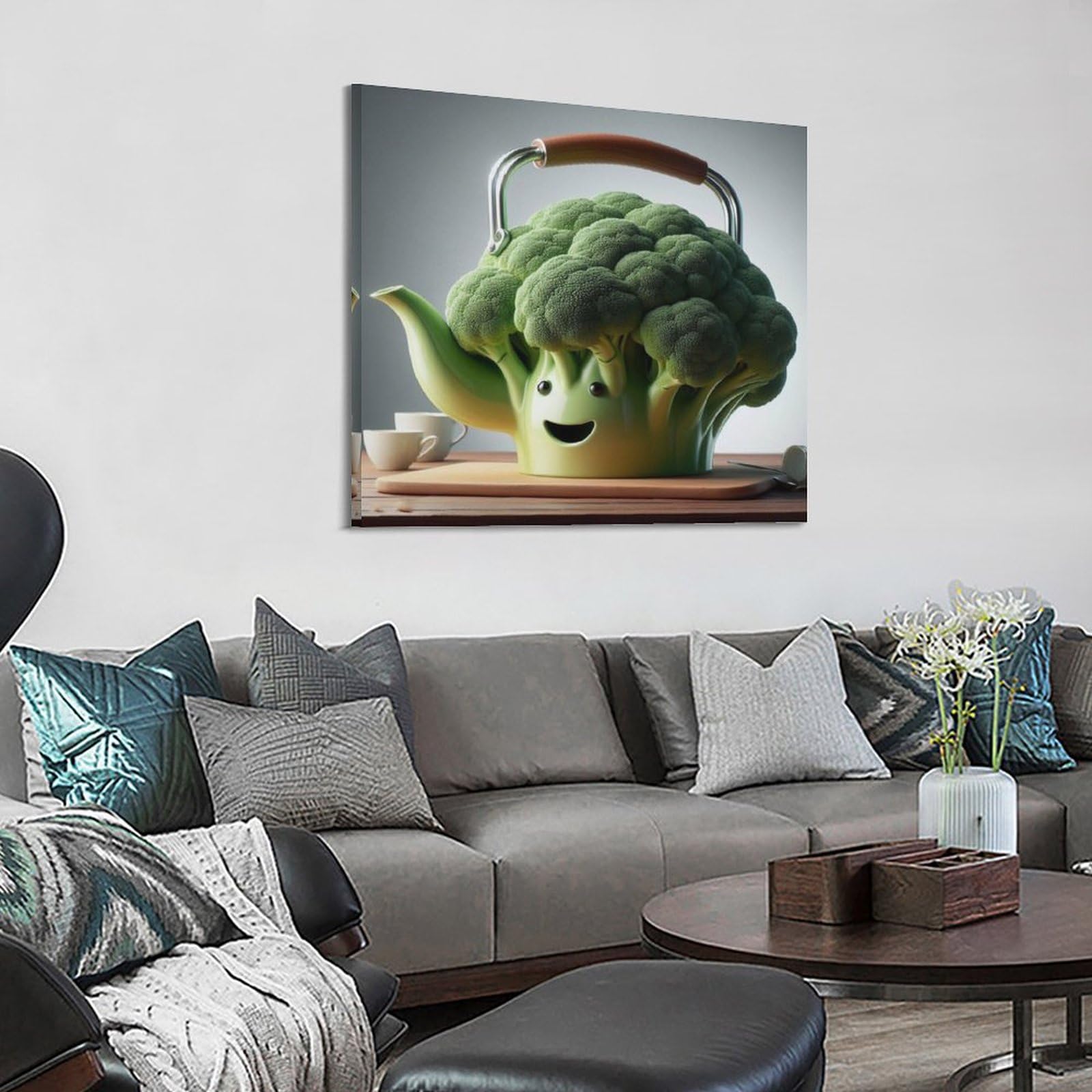 ZOGJIN Cartoon-Teekannen-Poster, Brokkoli-Gemüse, moderne Wandkunst, Leinwand, ästhetische Dekoration, Gemälde, 70 x 70 cm, Rahmenstil