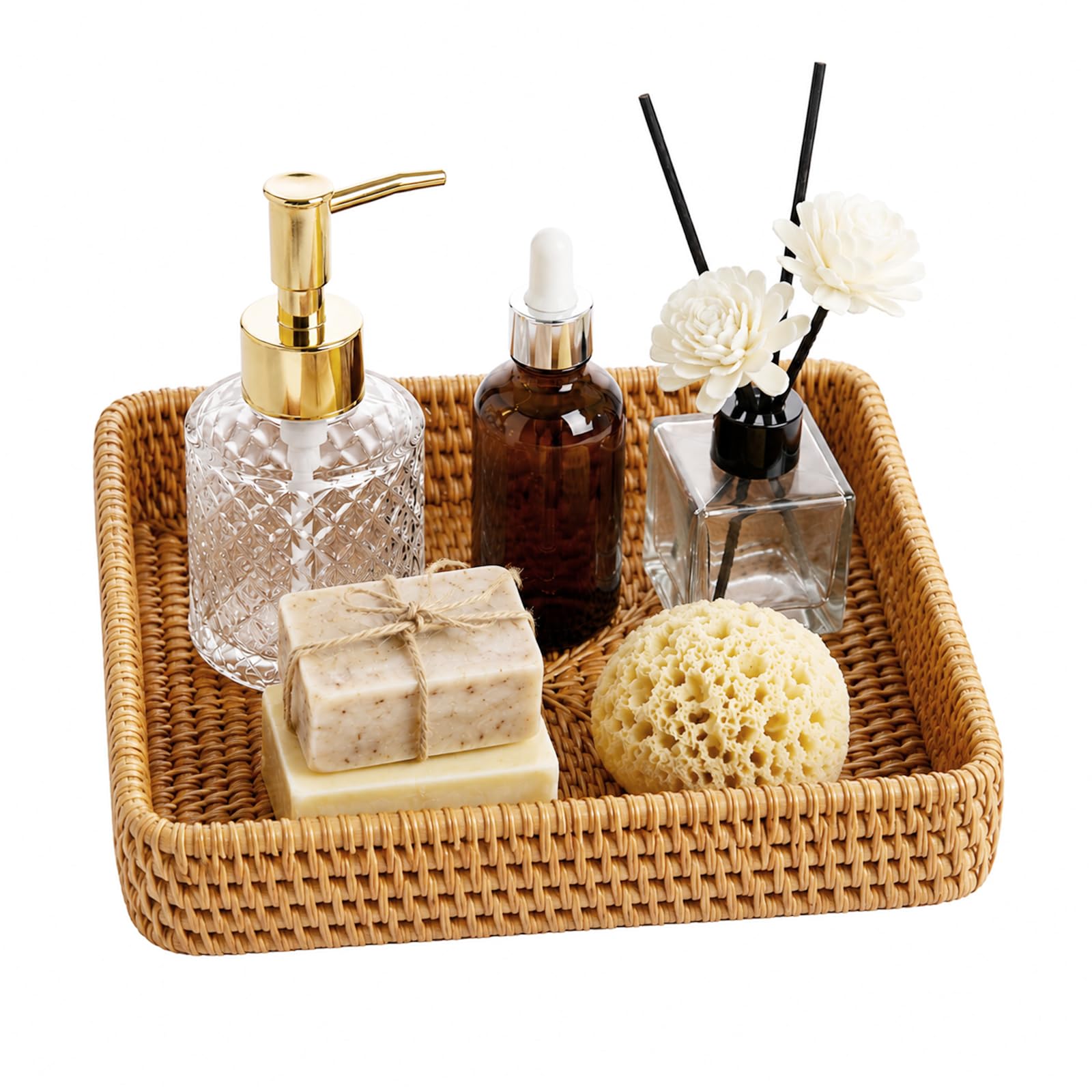 GREENSAPPIRE Rattan Bathroom Vanity Trays Toilet Tank Baskets Long Narrow Hand Towel Storage Basket for Storage, Decorative Small Woven Wicker Entryway Decorative Basket, Coffee Table (Brown Square)
