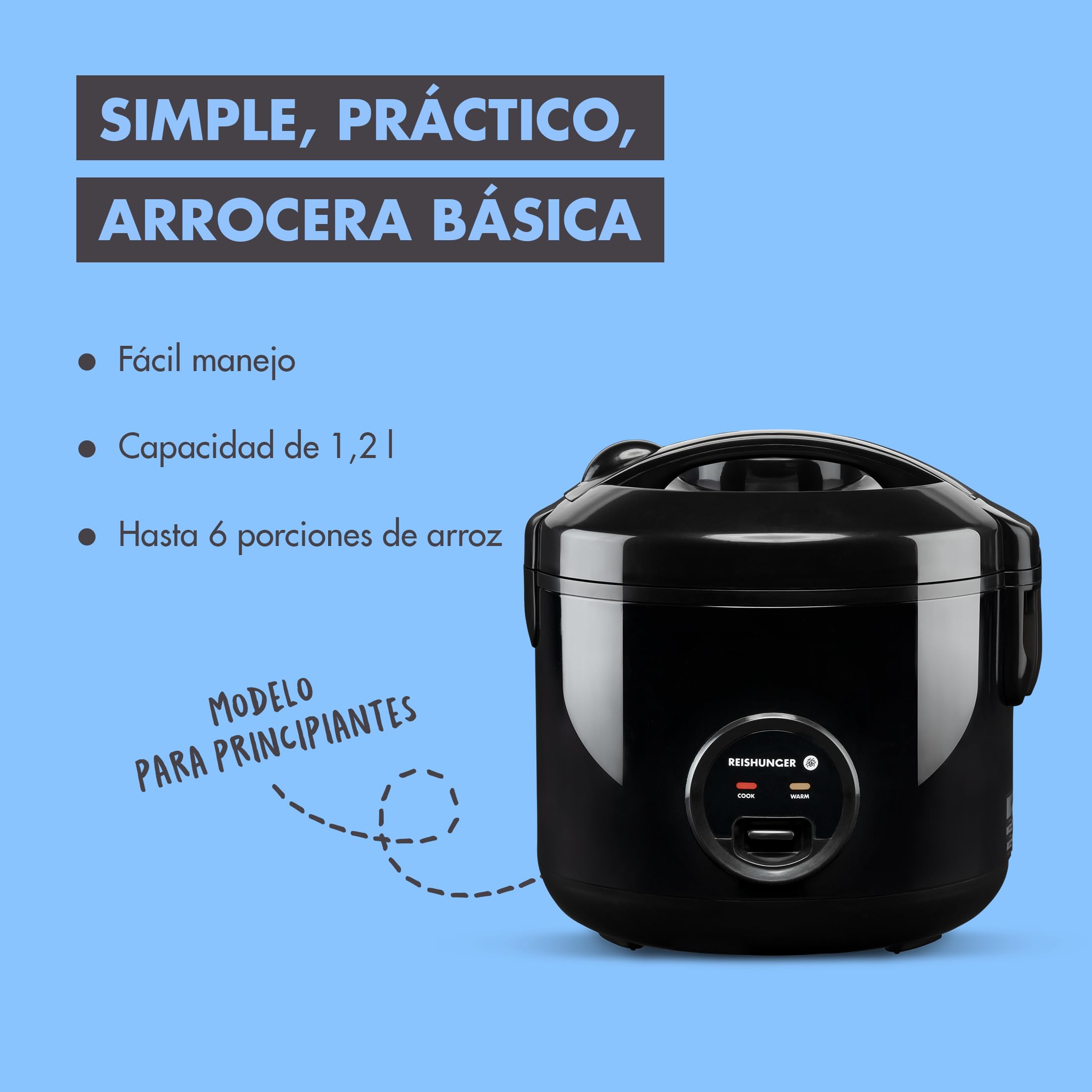 Reishunger Olla Arrocera Electrica y Vaporera con Función de Mantenimiento del Calor, Negra - Para 1-6 Personas - Preparación rápida sin quemarse - Revestimiento de Cerámica
