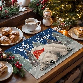 Placemats Set of 12, Cute Christmas Bear Winter Snow on Blue Washable Table Mats for Dining Table, Watercolor Xmas Trees Wipeable Place Mats for Kitchen Indoor Outdoor