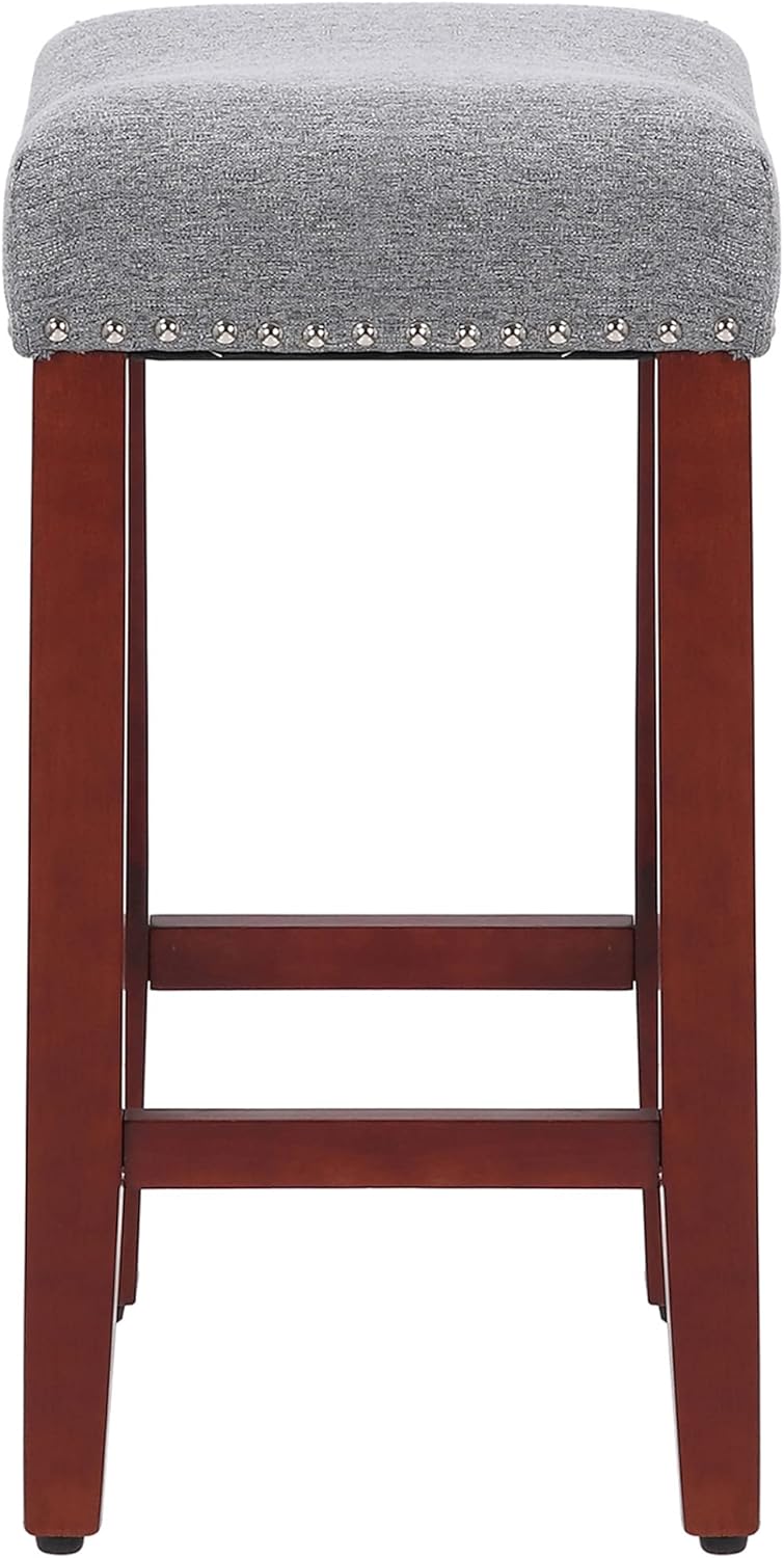 WestinTrends Lenox 24" upholstered Nail Head bar Counter Stool with Cherry Red Color Legs, Cherry/Grey
