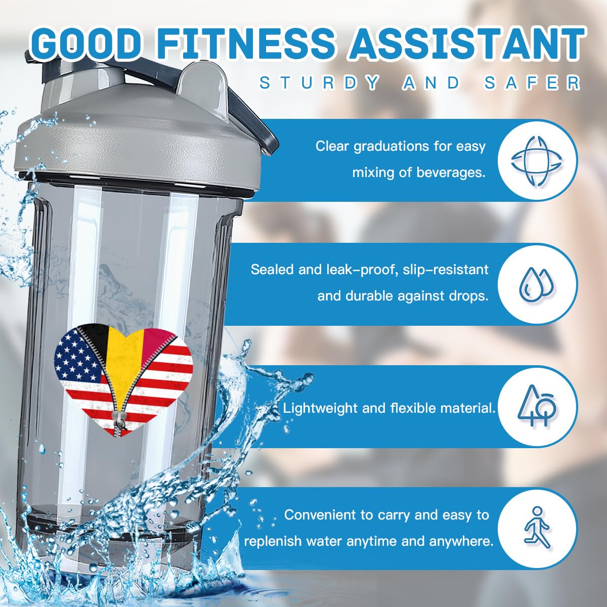 Heart America Flag and Belgian Flag 18 Ounce Shaker Cup,Fashion Theme Pattern Shaker Bottle Leak-proof Workout Shake Bottles 500ML/18 oz Perfect for Pre Workout
