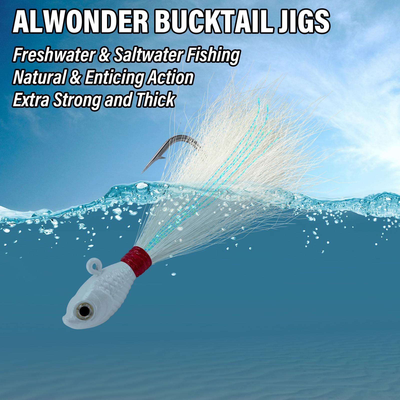 Alwonder 3/5 Pack Bucktail Jigs, Salzwasser Angeln Jig Bucktail Angelköder Surf Angeln Jig Köpfe Swimbait Jigs Heilbutt Flunder Striper Köder, Weiß 28,3 g