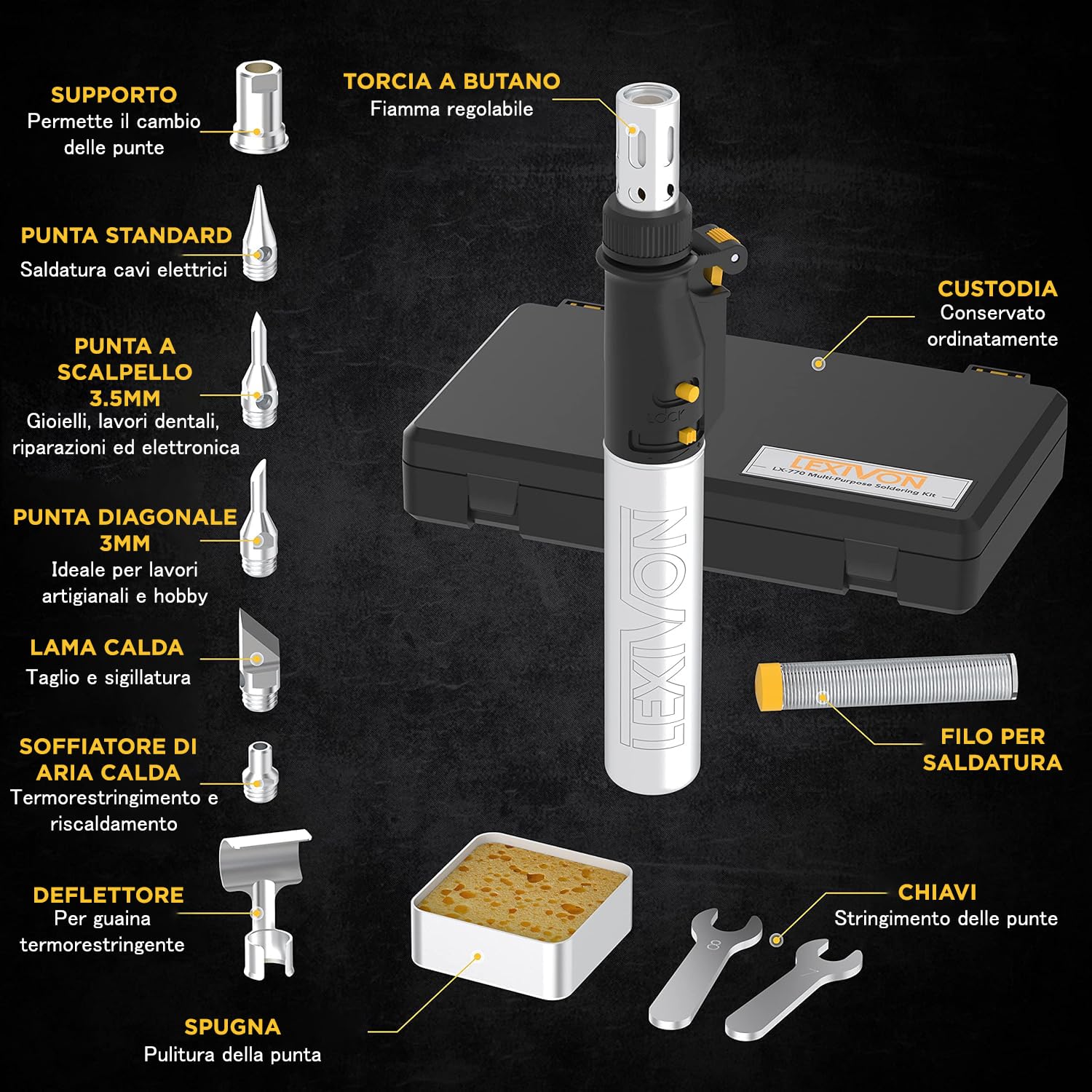 LEXIVON Saldatore a Butano Set di 7 Punte Senza Fili Autoaccensione Fiamma Regolabile Portatile LX-770