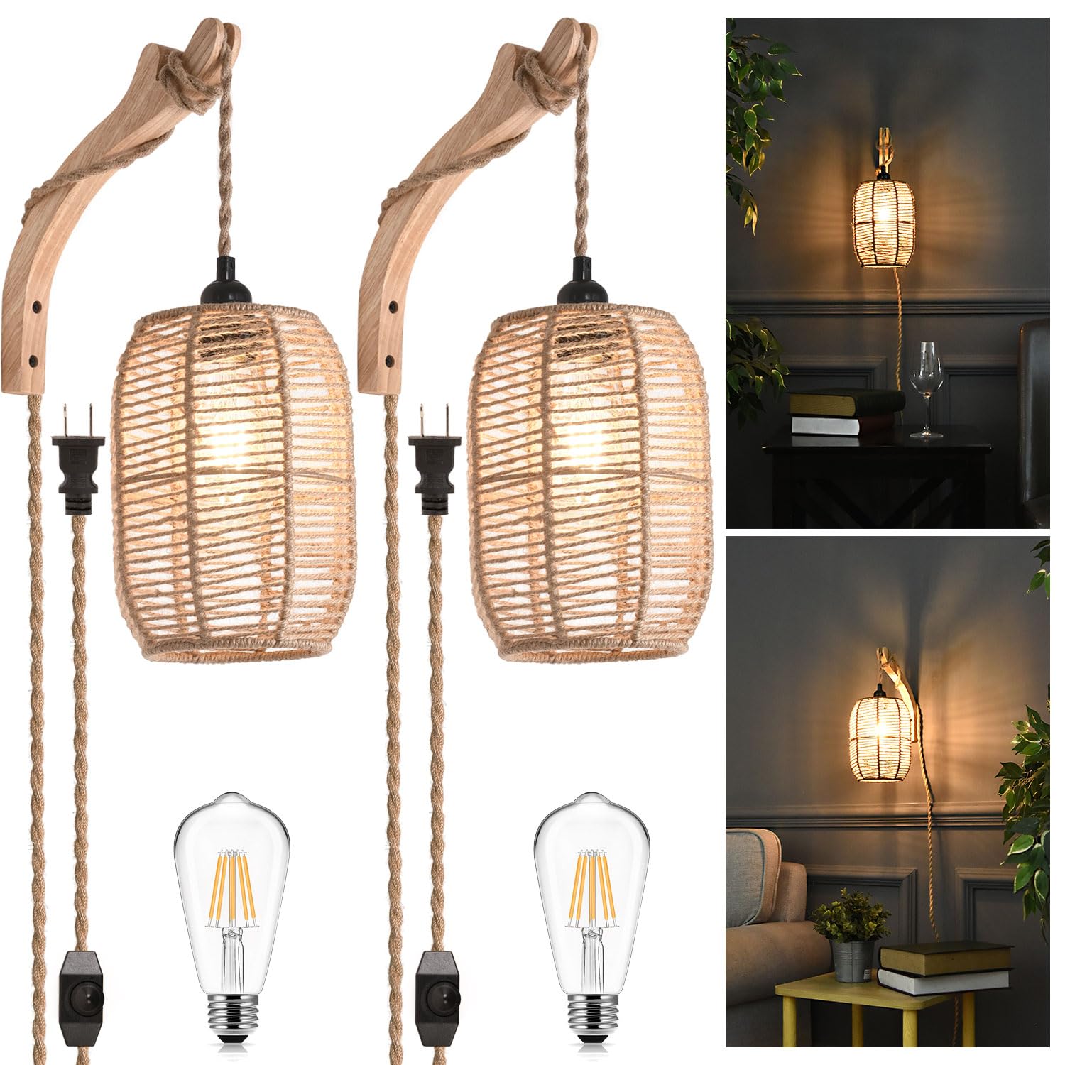 CQQJIE Plug in Wall sconces,Dimmable Switch Wall lamp with Plug in Cord,Hand Boho Rattan lampshade,Wall Lamps That Plug Into Wall Outlet,Suitable for Bedroom Living Room Twine Wall Sconce Set of 2